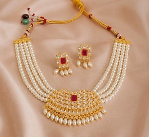 Authentic Indian Traditional Multi Layered Pearl Kundan Gold Plated Choker Collar Necklace