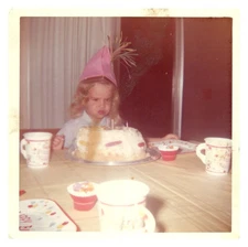 70s American Blonde BDAY Cake Mad Face Vintage Photo Snapshot California