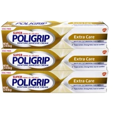 3 Pack Poligrip Super Denture Adhesive Cream Extra Care 2.2 Oz Each