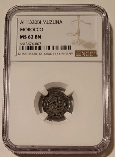 Morocco AH1320 (AD 1902) BI Muzuna MS62 BN NGC
