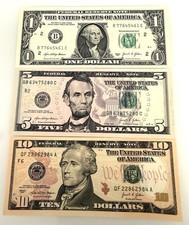 3 Banconote Da 1, 5 e 10 Dollari Americani USA 2021 FDS