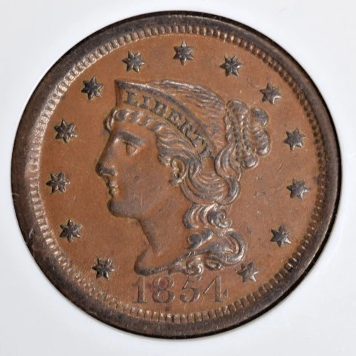 1854 BRAIDED HAIR LARGE CENT ~ R-2 N-29! NICE SATINY CHOCOLATE UNC NGC MS61! - Image 3 of 4