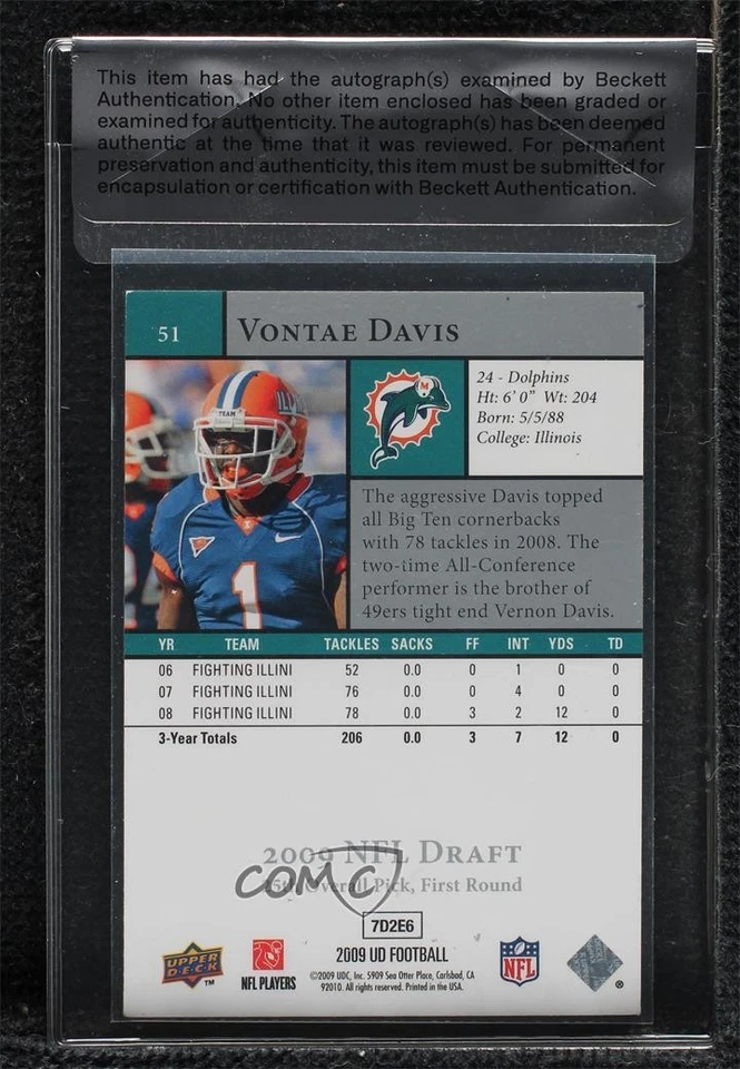 BAS 2009 Upper Deck Rookie Exclusives Vontae Davis #51 Seal of Authenticity RC - Image 2 of 2