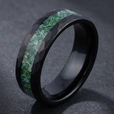 Moss Agate Ring, Hammered Black Tungsten Ring, Mens Wedding Band, Womens