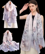 100% Silk large Scarf Women neckerchief Shawl Wrap floral purple pink MY114-20