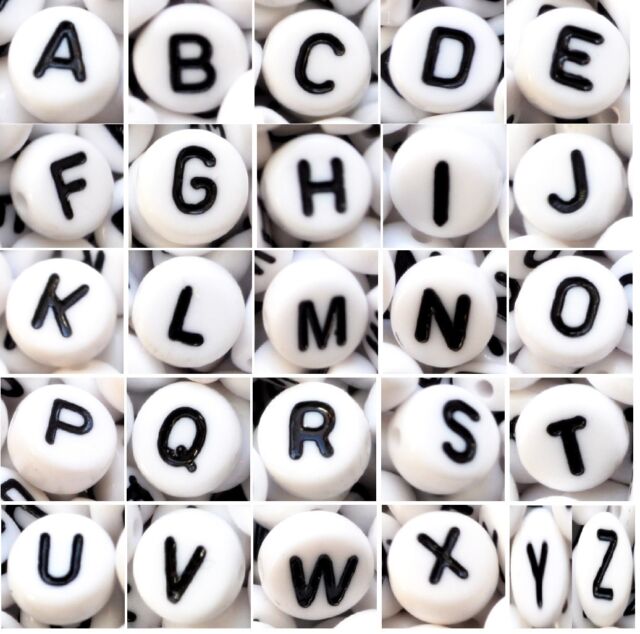 100 x 7mm white FLAT ROUND single & mixed (random) alphabet/letter acrylic beads