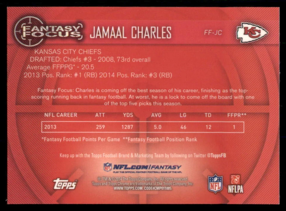2014 Topps Chrome Mini Jamaal Charles Fantasy Focus Refractor #'d 32/50 - Image 2 of 2