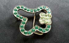 SHAMROCK FOUR LEAF CLOVER SHAPED CUTOUT BELT BUCKLE WITH GREEN RHINESTONES