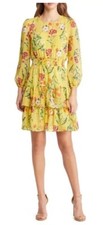 Eliza J Size 6 Yellow Floral Smocked Waist 3/4 Sleeve Tiered Dress Retail $138