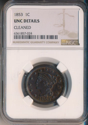 1853 BRAIDED HAIR LARGE CENT **NGC CERTIFIED UNC DETAILS** FREE SHIPPING!!