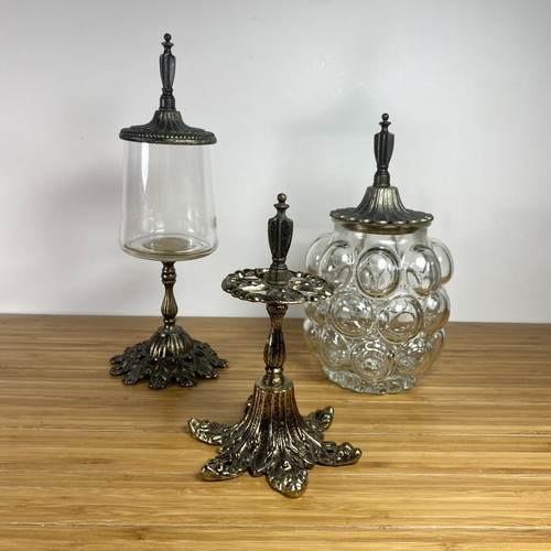 Vtg GEM ACC Ornate Brass Bubble Glass Bathroom Vanity 3Pc Set Hollywood