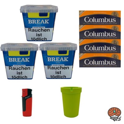 Break Blue/Blau Volumentabak Giga Box 3x 195g, Columbus Hülsen Sturmfeuerzeug