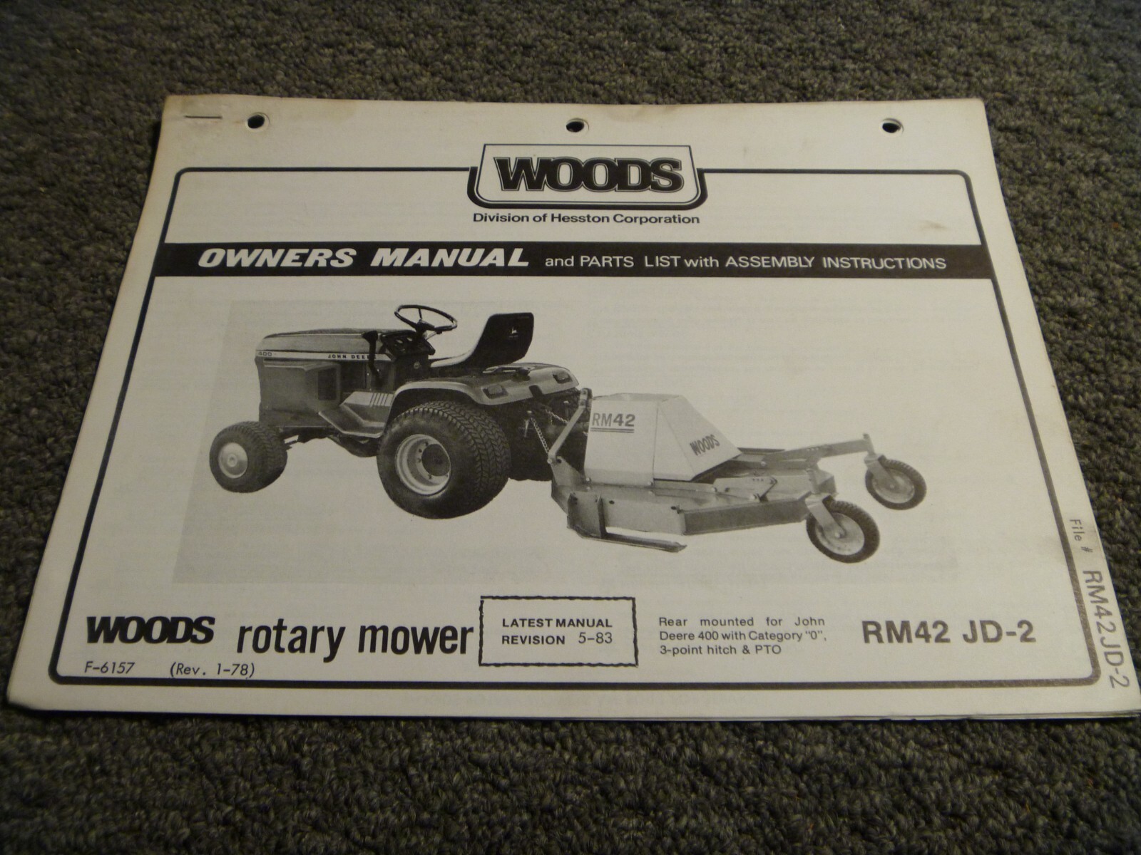 Woods RM42 JD2 Rotary Mower Parts Catalog Assembly & Owner Operator
