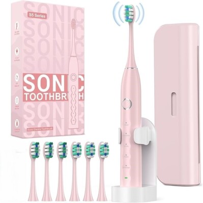 Girls Women's Electric Toothbrush - Rechargeable with 6 Heads & Case - PINK