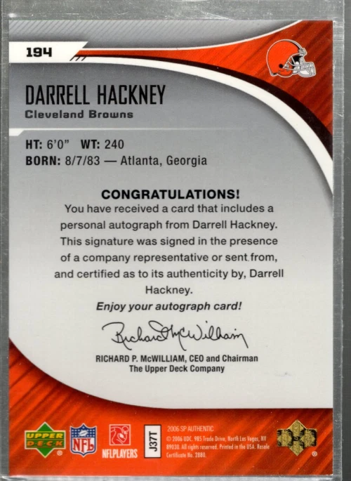 A7893- 2006 SP Authentic #194 Darrell Hackney RC Auto /1175 - Image 2 of 2