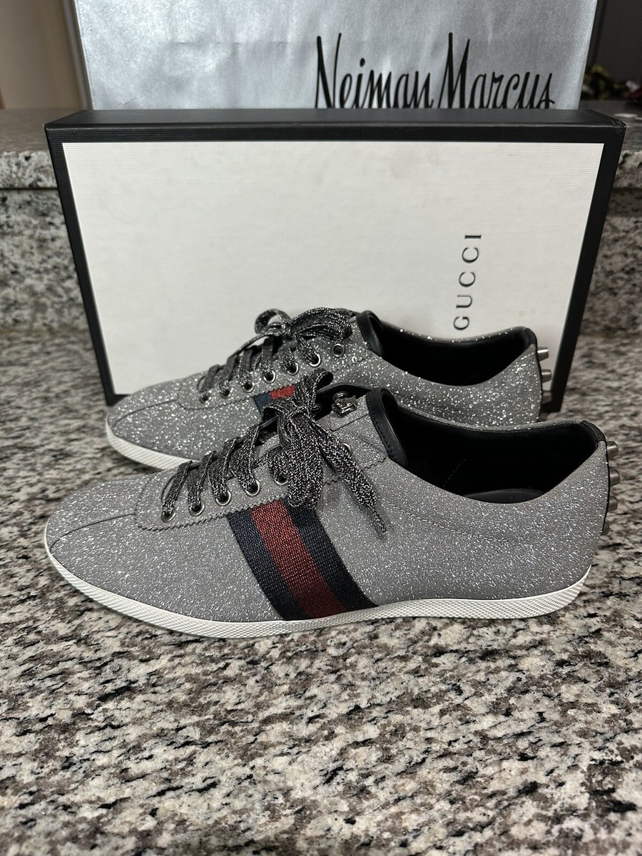 GUCCI METALLIC SILVER GLITTER WEB BAMBI FALACER SNEAKERS Size 10 Mens