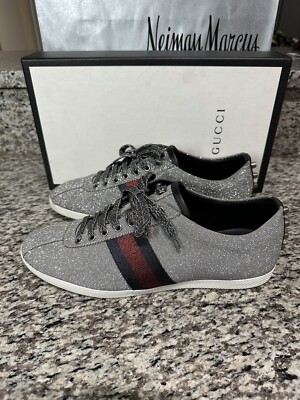 GUCCI METALLIC SILVER GLITTER WEB BAMBI FALACER SNEAKERS Size 10 Mens