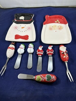 Holiday Themed Ceramic Santa And Snowman 2 Dishes,5 Spreaders & 2 Forks