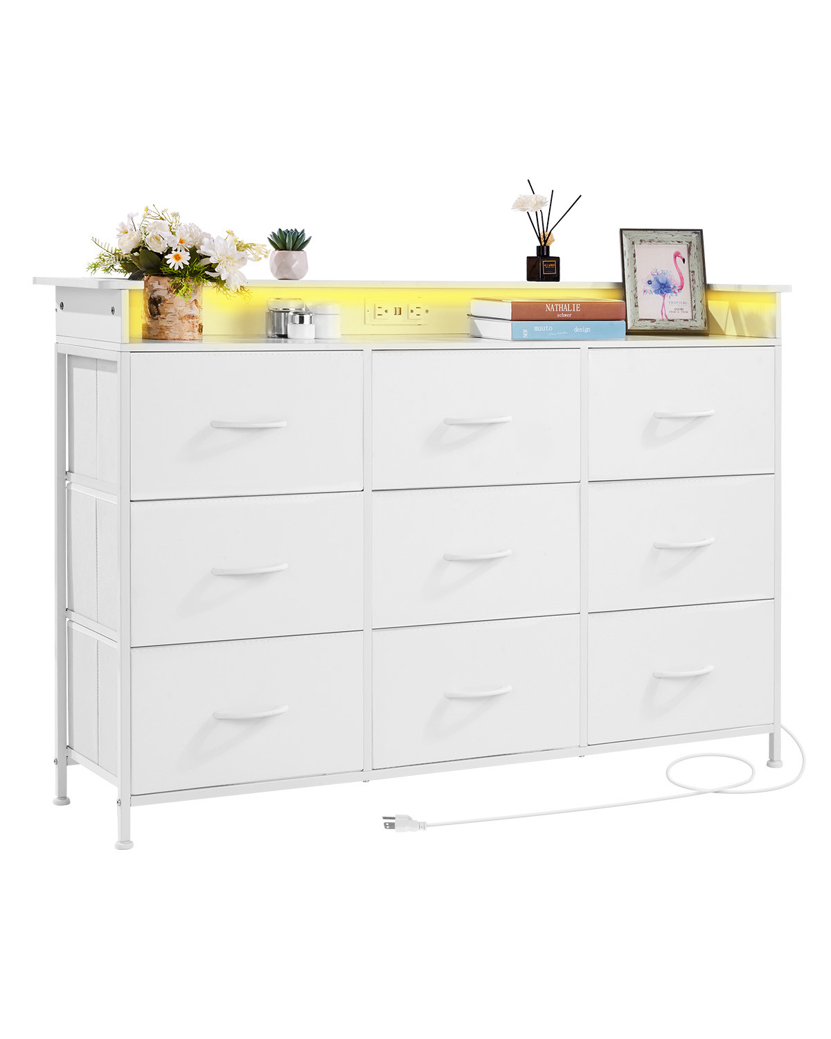 VEVOR 9-Drawer Fabric Dresser with LED Light & Outlet in White  
