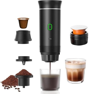Caffettiera Portatile 3 In 1 Ricaricabile, Per Capsule E Caffè Macinato, 12V, Per Viaggi E Campeggio (nera)