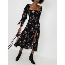 Reformation Aubrey Black Floral Print Midi Dress Tied Cuff Sleeves Slit Size 0