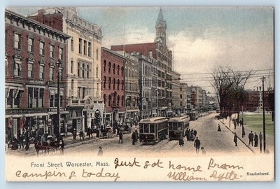 1907 Worcester Massachusetts MA Vintage Postcard Front Street Trolley Buildings