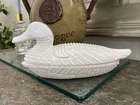 Antique White Milk Glass Head Duck Covered Candy Dish  11" Trinket Pristine