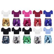 Womens Set 2-piece Costume Short Sleeve Dancewear Hip Scarf Outfit Stage Belly
