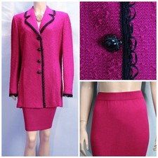 St John Collection Pink Jacket Skirt L 12 14 2pc Suit Pockets Black Trim Buttons