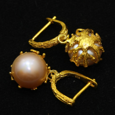 Not Enhanced Gold plated Natural Pearl Silver 925 Sterling /RVSE04 English lock
