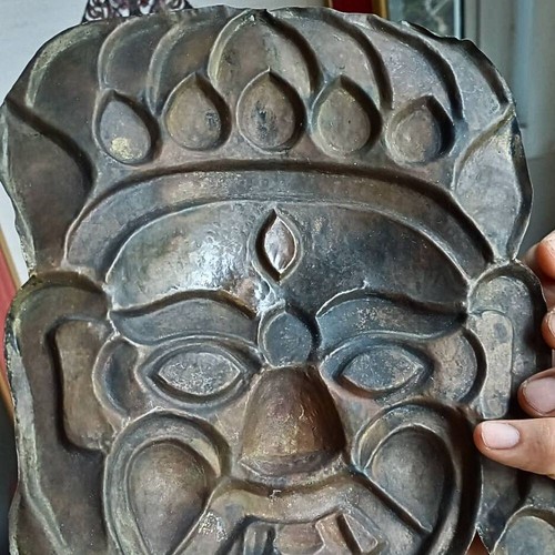 Antike seltene Nevar tibetische buddhistische Messingmaske Mahakala Türkis Lapis Koralle - Bild 4 von 22