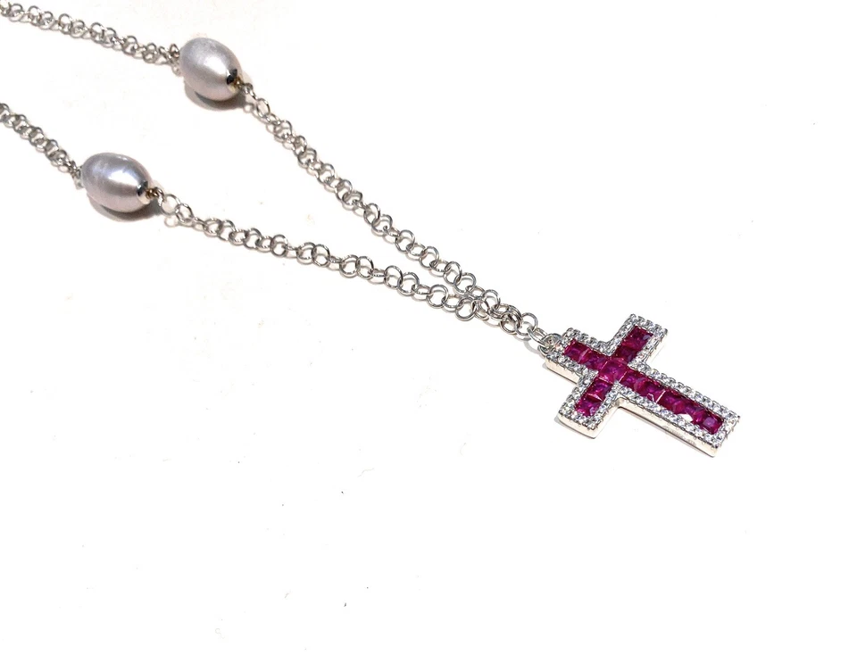 Collarino diWa Jewels Rolò Perle Grigie Argento Ciondolo Crocetta Zirconi - Immagine 2 di 3