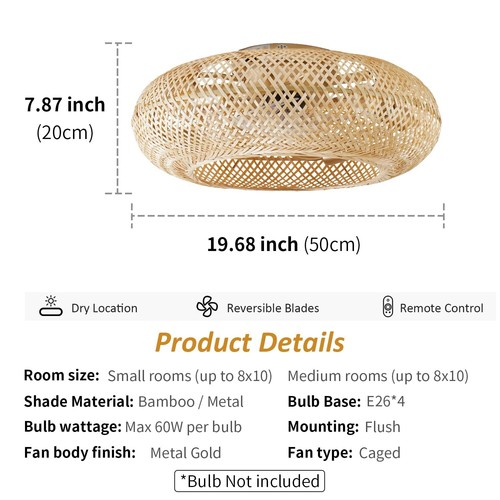 Boho Caged Ceiling Fan with Light Flush Mount, 20 Inch Enclosed Rattan Ceilin... - Picture 5 of 9