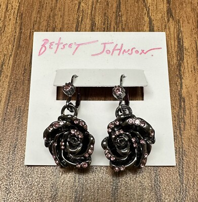 Betsey Johnson Black Night Rose Bud Drop Earrings w/Pink Crystals