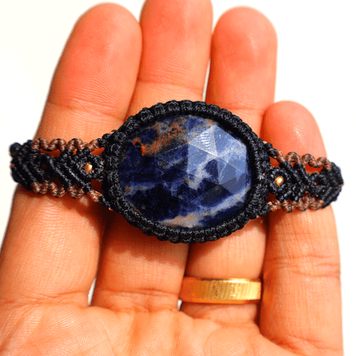 Hand Crafted Natural Faceted Sodalite Micro Macrame Cuff Reiki Gemstone Bracelet - Picture 5 of 10