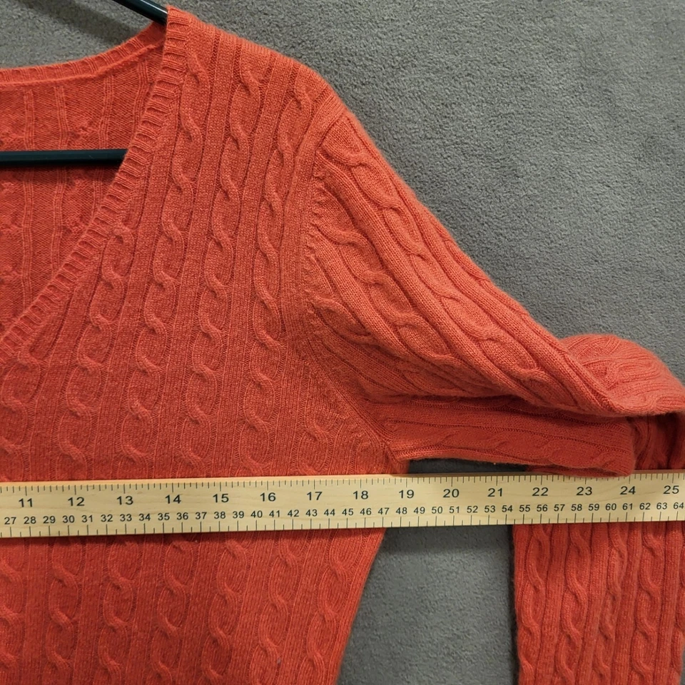 Suéter de Cachemira Blanco + Warren Tejido con Cable Cuello en V Talla Grande Naranja Suave Lujo Foto 4 de 4