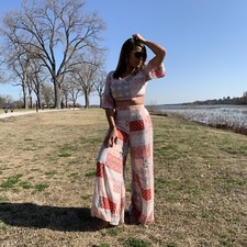 Boho / Bohemian Style - Two Piece High Waisted Pant Set - Crop top 3/4 sleeves