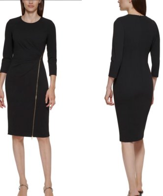 Calvin Klein Exposed Front Zipper Rushed Sheath Dress Sz.6 Black 3/4 sleeves  | eBay