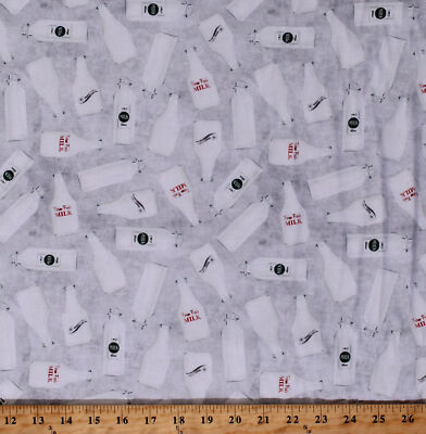 Cotton Farm Fresh Milk Milk Jugs Bottles Gray Fabric Print by the Yard D370.63