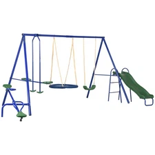 Outsunny Metal Swing Set for Kids with Double Swings Slide Seesaw Glider
