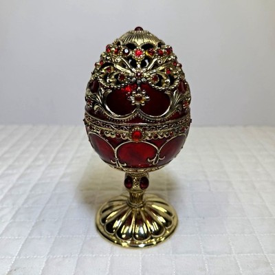 Red Jeweled Egg Music Box Hinged Trinket Box Rotating Ring Holder Enamel
