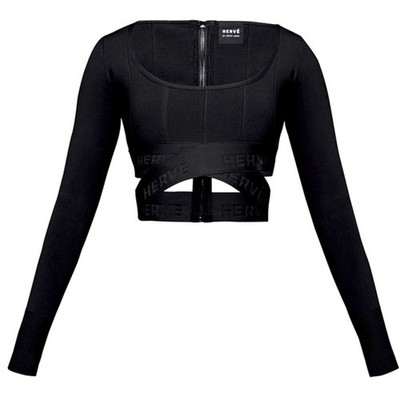 NWT HERVE LEGER BLACK LONG SLEEVE BANDAGE BODYCON CROP TOP EMBROID 