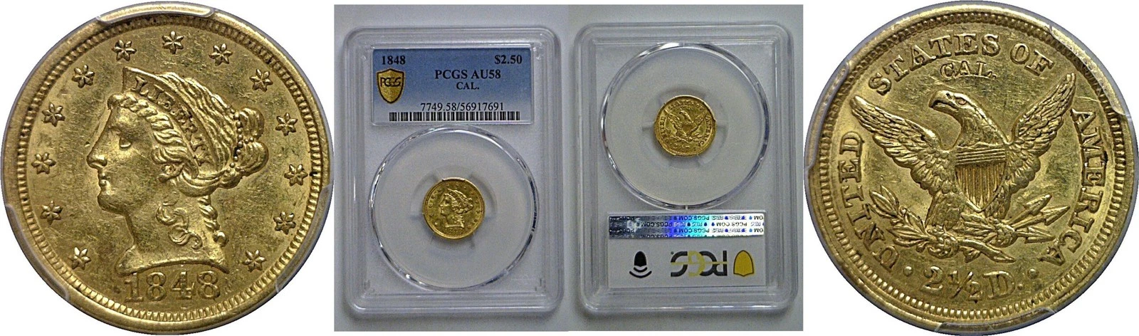 1848 CAL. $2 1/2 Liberty Gold Mint Counter Stamped PCGS AU-58