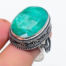 Faceted Zambian Emerald Gemstone 925 Sterling Silver Vintage Adjustable Ring d71