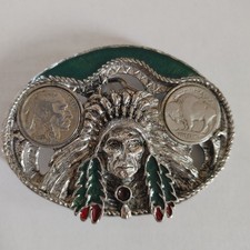 Native American Chief Enameled Dual 1930's Buffalo Nickel USA Made Belt Buckle