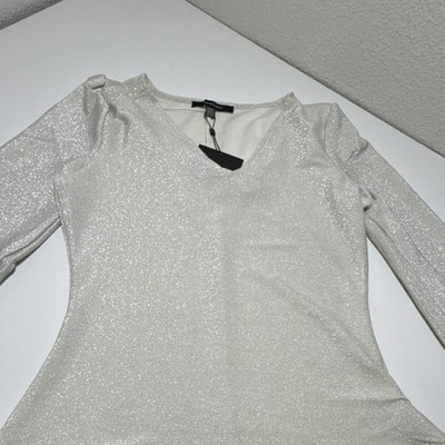 Lex & Parker Women's Glitter Long Sleeve V Neck Blouse Silver Regular M