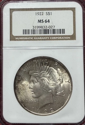 1922 United States Peace Silver Dollar NGC MS64 Toned