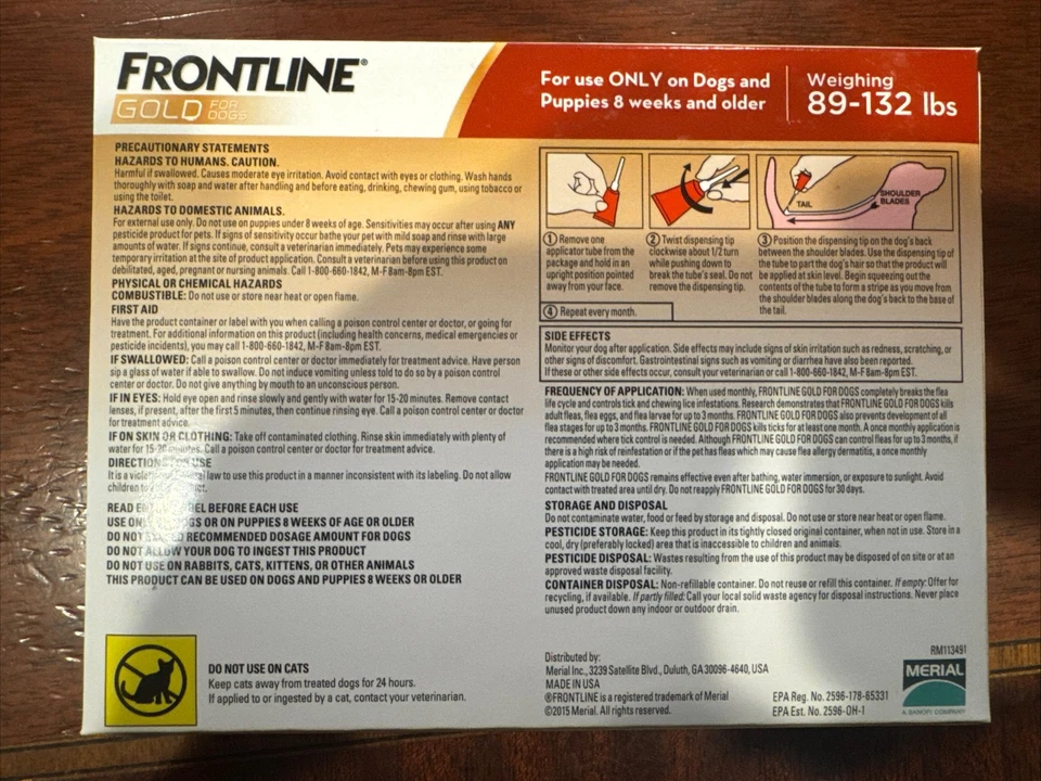 Frontline Gold 100% genuino Epa. Aprobado para perros 89 - 132 libras (3 dosis) Foto 2 de 4