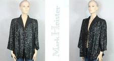 MARK HEISTER Black Pure Silk Sequins Open Front Trapeze Blazer Jacket M