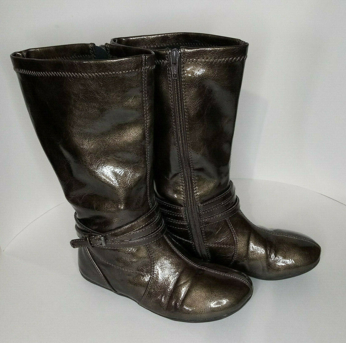 Youth Sz 2 Nordstrom Bronze Riding Boots Zip side buckle strap a